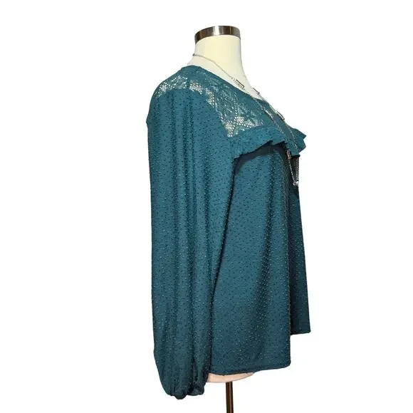 Zac & Rachel Woman 2X Green Swiss Dot Lace Yoke Blouse Long Sleeve Flowy Top - Picture 4 of 8